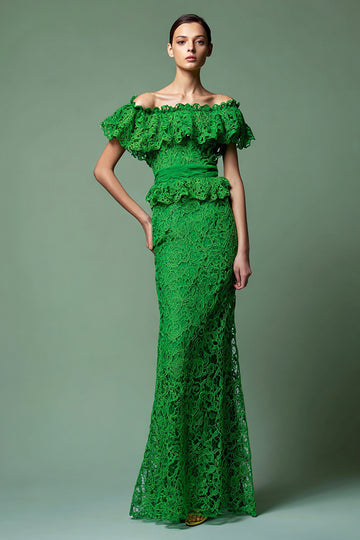 Green Lace Sheath Long Formal Dress with Ruffles